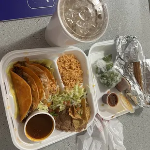 Large Drink - Horchata 3 Queso-Birria Tacos w/ rice and beans 1 CHURRO