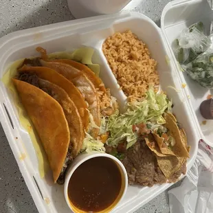 3 Queso-Birria Tacos w/ rice and beans