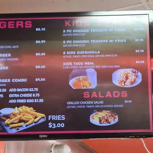 Burgers and kids menu