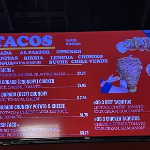 Tacos menu