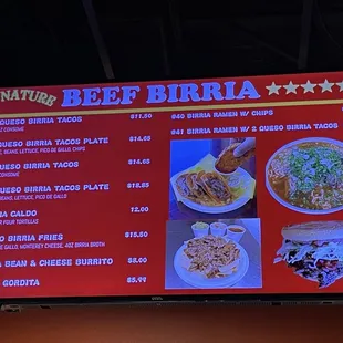Beef birria menu