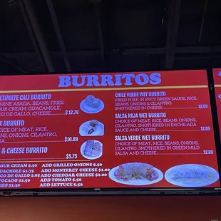Burritos menu