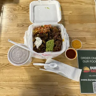 Birria and carne asada fries with the birria sauce and freshly made horchata  the best.