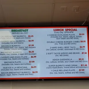 Breakfast and lunch menu