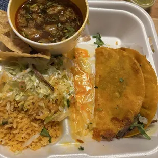 3 Queso-Birria Tacos w/rice and beans, but I ate 3. Sorry about the presentation. It was good good.!!