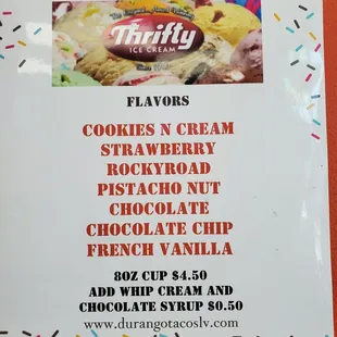 Ice cream menu