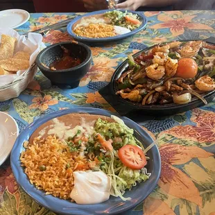 Chicken, beef, and shrimp fajitas for two!