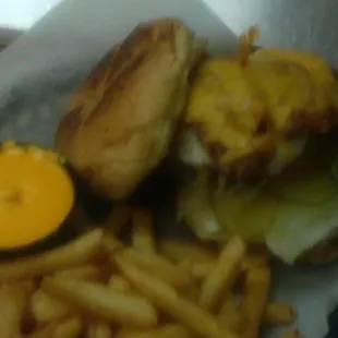 a cheeseburger and fries