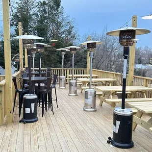 patio with tables and umbrellas