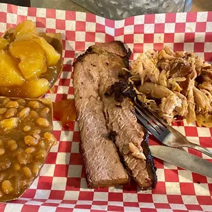 Brisket, pulled chicken, apples, and baked beans
