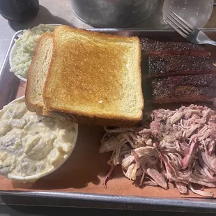 Ribs, pork , coleslaw and potato salad!