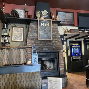 a brick fireplace in a restaurant