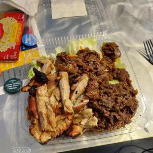 Teriyaki chicken and beef with salad and rice
