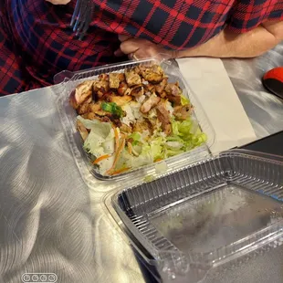 Teriyaki chicken with salad and rice very tasty