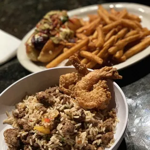 Dusse Dog, fries, dirty rice and shrimp!!