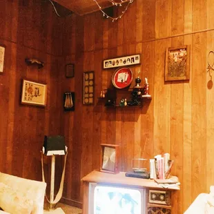 a living room with wood paneling and a television