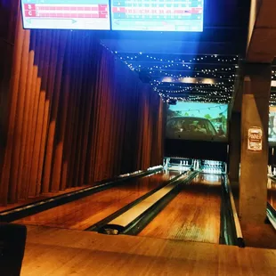 a bowling alley with bowling lanes