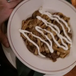 Barf stroganoff. 1/10. Boiled tough steak(?)