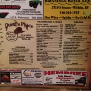 menu for the restaurant