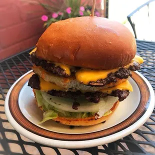 a cheeseburger on a plate