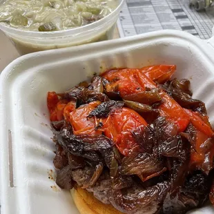 Take out.  Burger with peppers and onions ans cabbage and meatball soup.