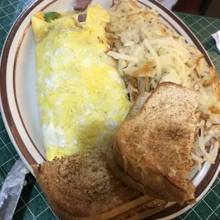 Omelets, hash browns, and toast from delicious homemade bread.