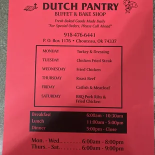 Menu with daily buffet items
