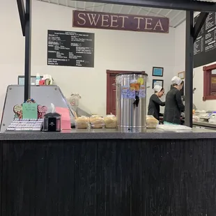 the counter of a sweet tea shop