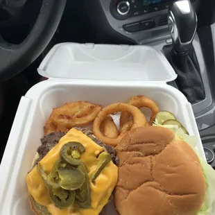 Jalapeño Cheddar Burger w/ Onion Rings!