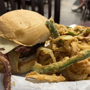 Bacon Swiss Mushroom Burger and  Fried Onion Jal Strings