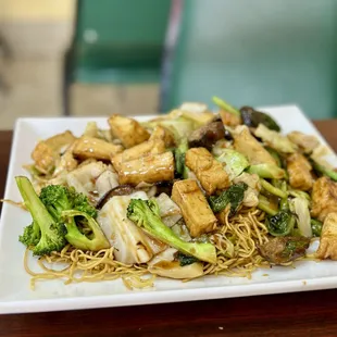 tofu and broccoli on a plate