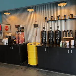 The fully stocked coffee station