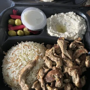 Chicken shawarma plate with mutabel.