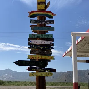 a pole with many signs