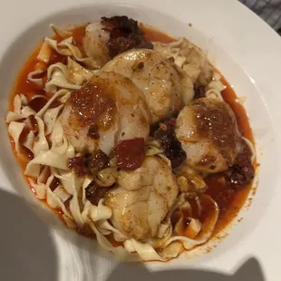 Scallops casino special over homemade fettuccine