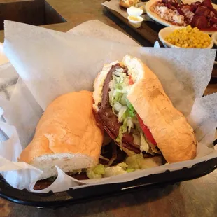 Roast beef po&apos; boy and red beans and rice.