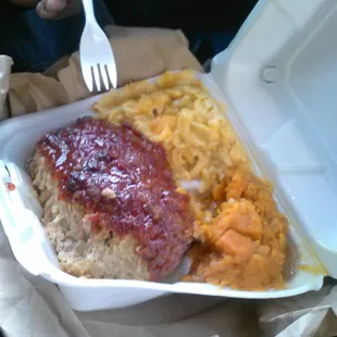 Delicious Turkey meatloaf, mac and cheese and yams!