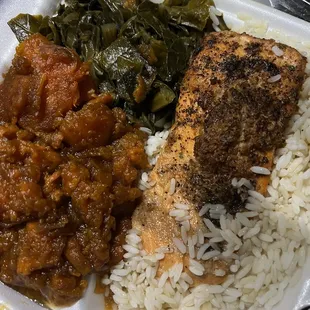 chicken, rice and collar greens