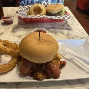 Chili cheese dog, burger, onion rings
