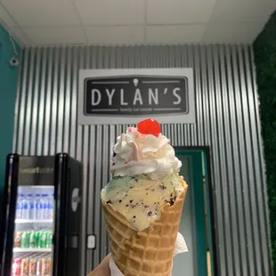 A delicious Double scoop of chocolate chip and mint chip on a waffle cone! Love this place
