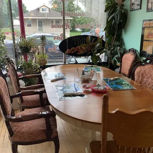 Dining table at front