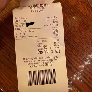 a receipt for a drink