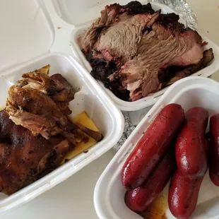 Brisket, chicken quarters, links! Smokey goodness! CC '81 Donald Ford!