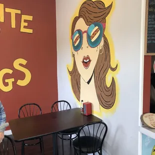 a woman with sunglasses painted on the wall