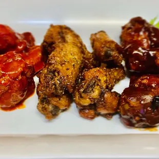 Dynamite Buffalo chicken, lemon pepper, and BBQ wings