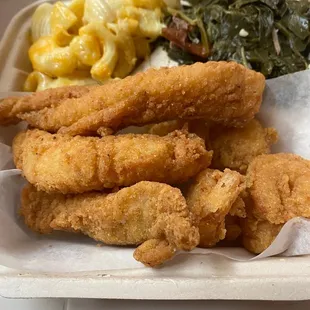 Fried catfish &amp; shrimp plate with meaty greens and dynamite Mac n Cheese