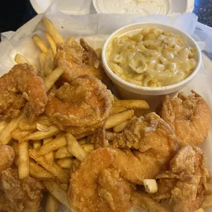 Shrimp, fries, Mac n Cheese