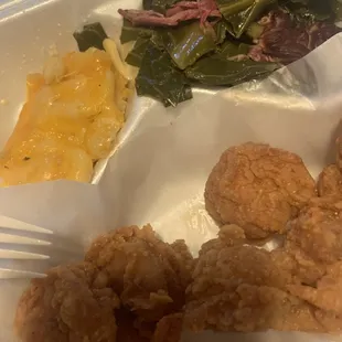 Shrimp dinner with 2 sides ...meaty greens  &amp; Mac and cheese ... as you can see I couldn&apos;t wait long enough to eat