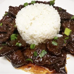 Dynamite Mongolian Beef and Rice topped with green onions