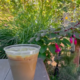 Iced lavender latte with soy milk.